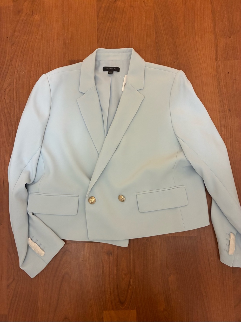 Ann Taylor Pale Blue Double-Breasted Cropped Blazer with Gold Buttons - Picture 2 of 3